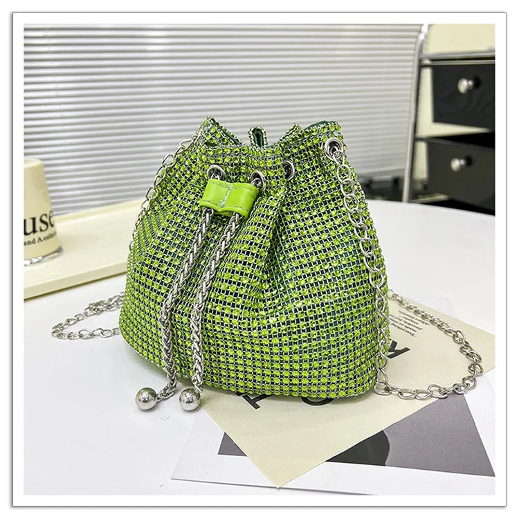 Women Luxury Shoulder Bag Solid Color Rhinestone Glittering Satchel Bag Drawstring Shinny Sling Purse Dinner Party Bag