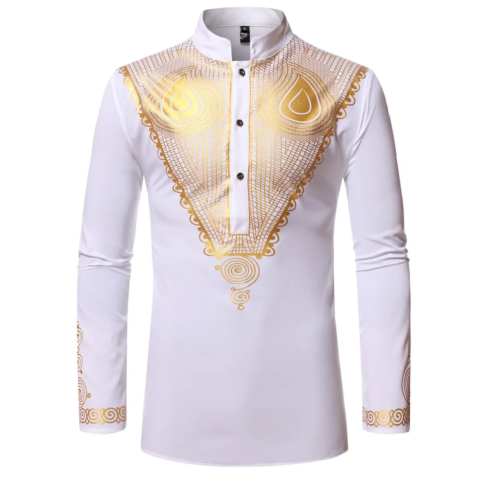 Men's African Style Ethnic Shirt Traditional Tribal Printed Stand Collar Robe Turkish Long Sleeve Dashiki Tops