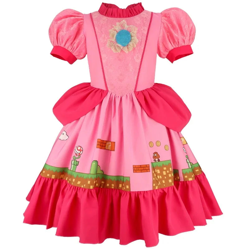 Kids Girls Summer Dresses Short Sleeve Print Costume New Movie Peach Princess Cosplay Dress Children Party Dress Birthday Gift