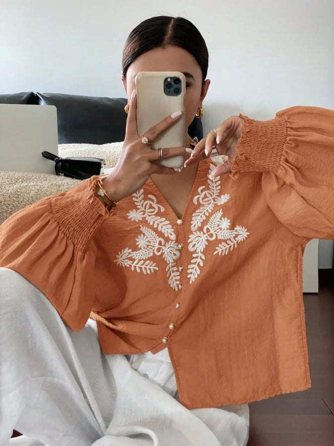 Women Autumn Single Breasted V-neck Blouses and Shirts Ladies Casual Embroidery Long Sleeve Shirt Tops