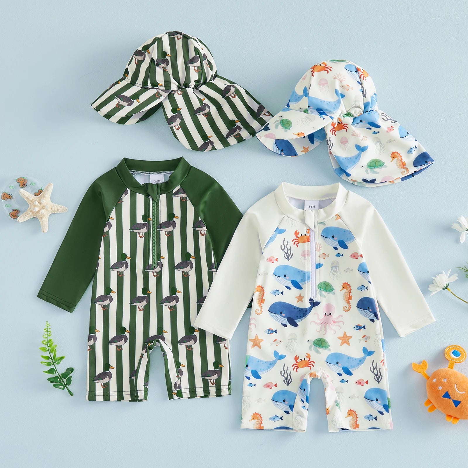 Summer Toddler Kids Baby Boys Swimsuits Long Sleeve Animal Print Rash Guard Jumpsuits with Hats Swimwear Beachwear