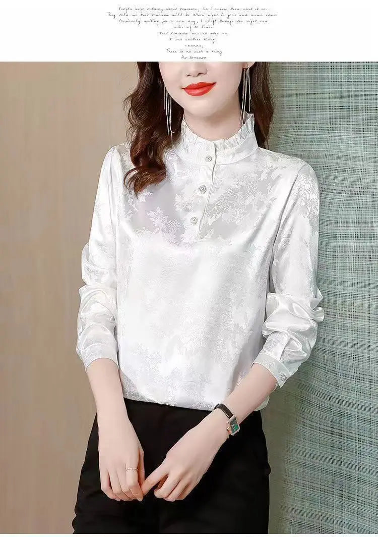 Premium Satin Blouse Women Spring Age-Reducing Print Loose Long Sleeve Top Fashion Elegant Collar Shirt