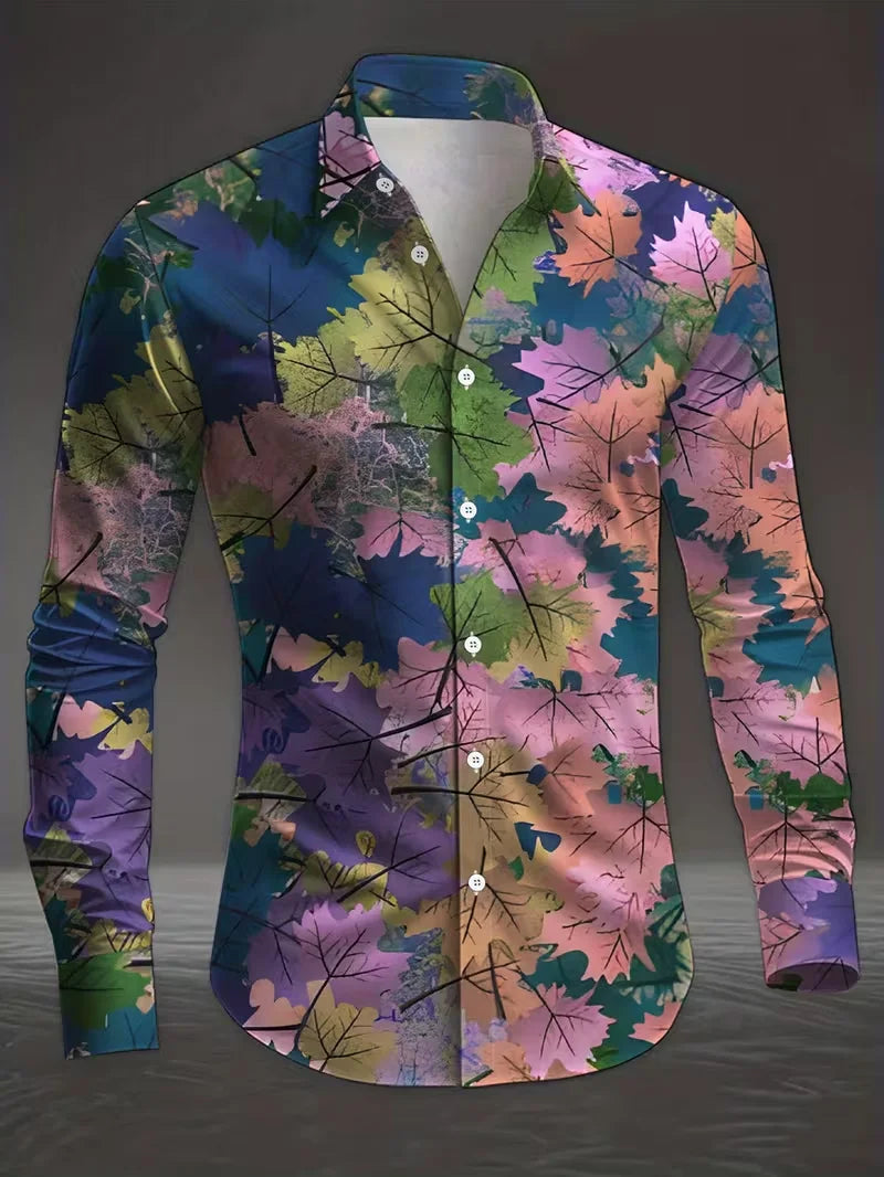 New men's floral shirt long sleeved casual shirt fashionable rose 3D butterfly print lapel slim fit Hawaiian shirt