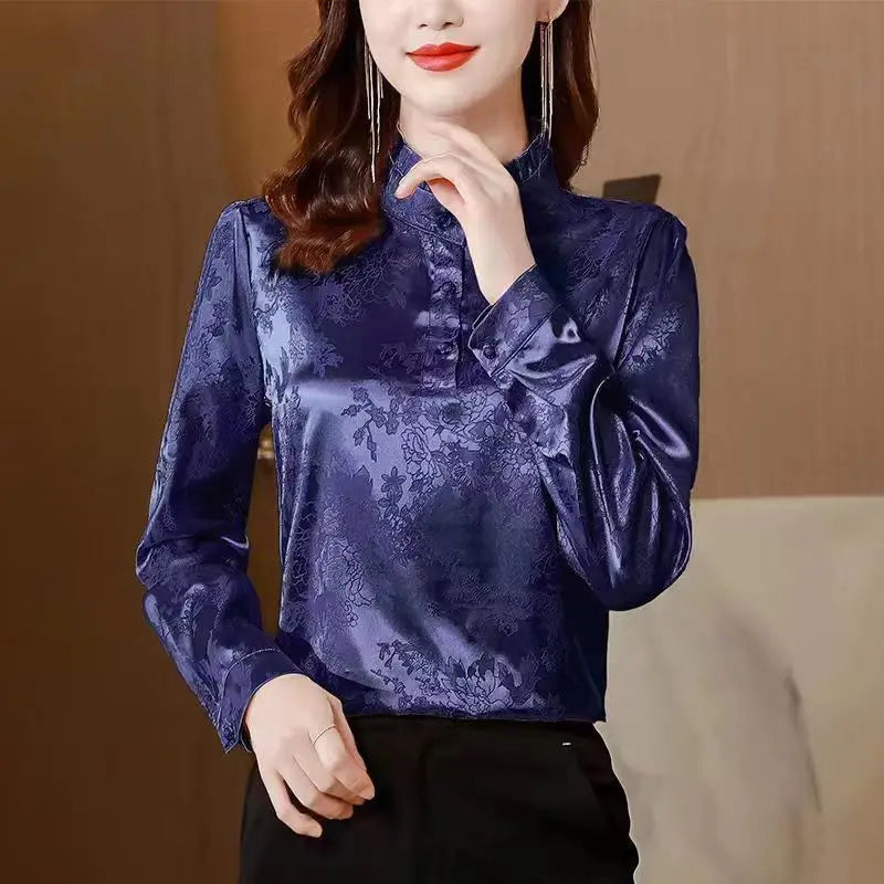 Premium Satin Blouse Women Spring Age-Reducing Print Loose Long Sleeve Top Fashion Elegant Collar Shirt
