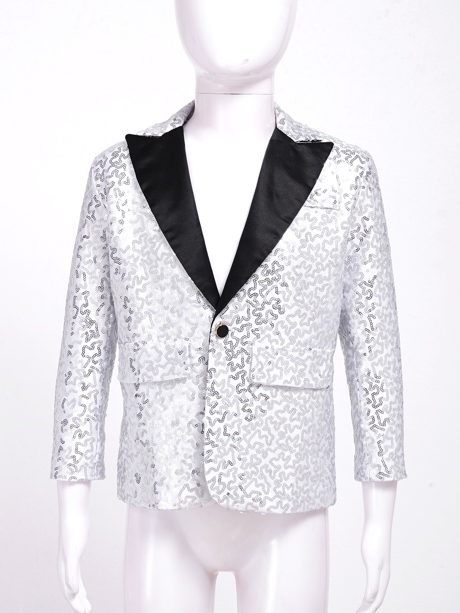 Kids Boys Fashion Shiny Sequins Lapel Suit One Button Jacket Coat Blazer Tuxedo for Wedding Birthday Party Stage Performance