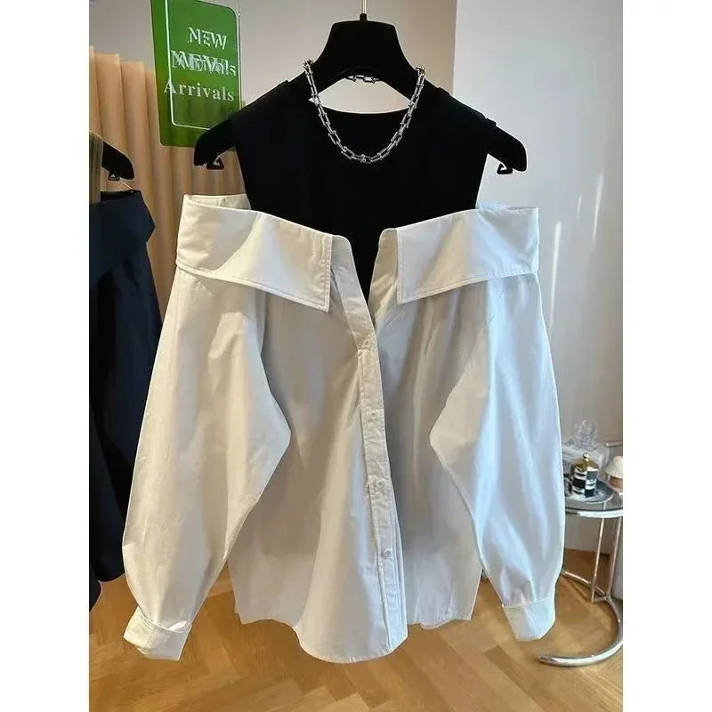 French Off Shoulder Blouses Women Slim and Loose Tank Top Spliced Long Sleeve Shirts Autumn Round Neck Fashion Shirts Women Top