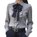 Women Shirts 2026 Spring Autumn Women Shirt Lapel Bow Ruffle Design Long Sleeve Shirt Tops Buttons Closure Shirt Blouses Tops