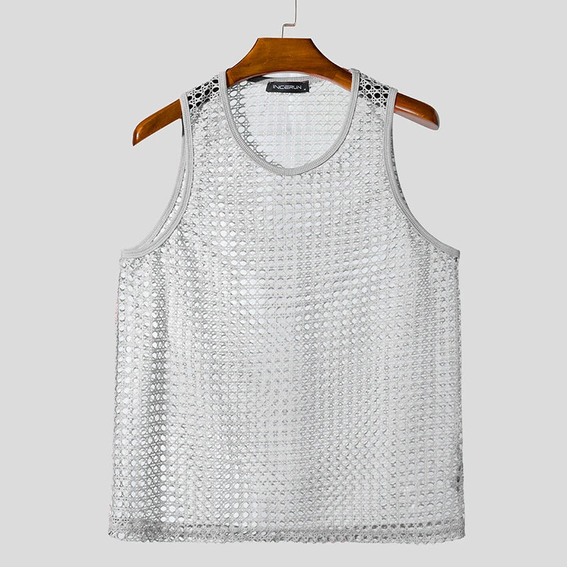 Summer Men Tank Tops Mesh Transparent O-neck Sleeveless Male Vests Sexy Vacation INCERUN 2025 Streetwear Fashion Men Clothing