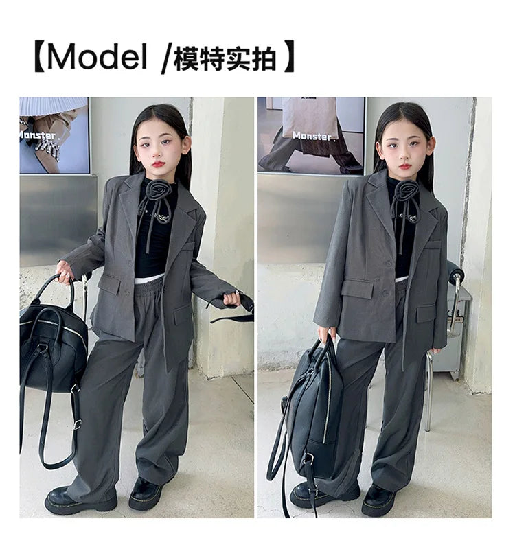 8 10 12 14 teenage Girl suit set Blazer+Wide leg pants 2pcs junior kid clothes suits children clothing girls outfit sets Costume