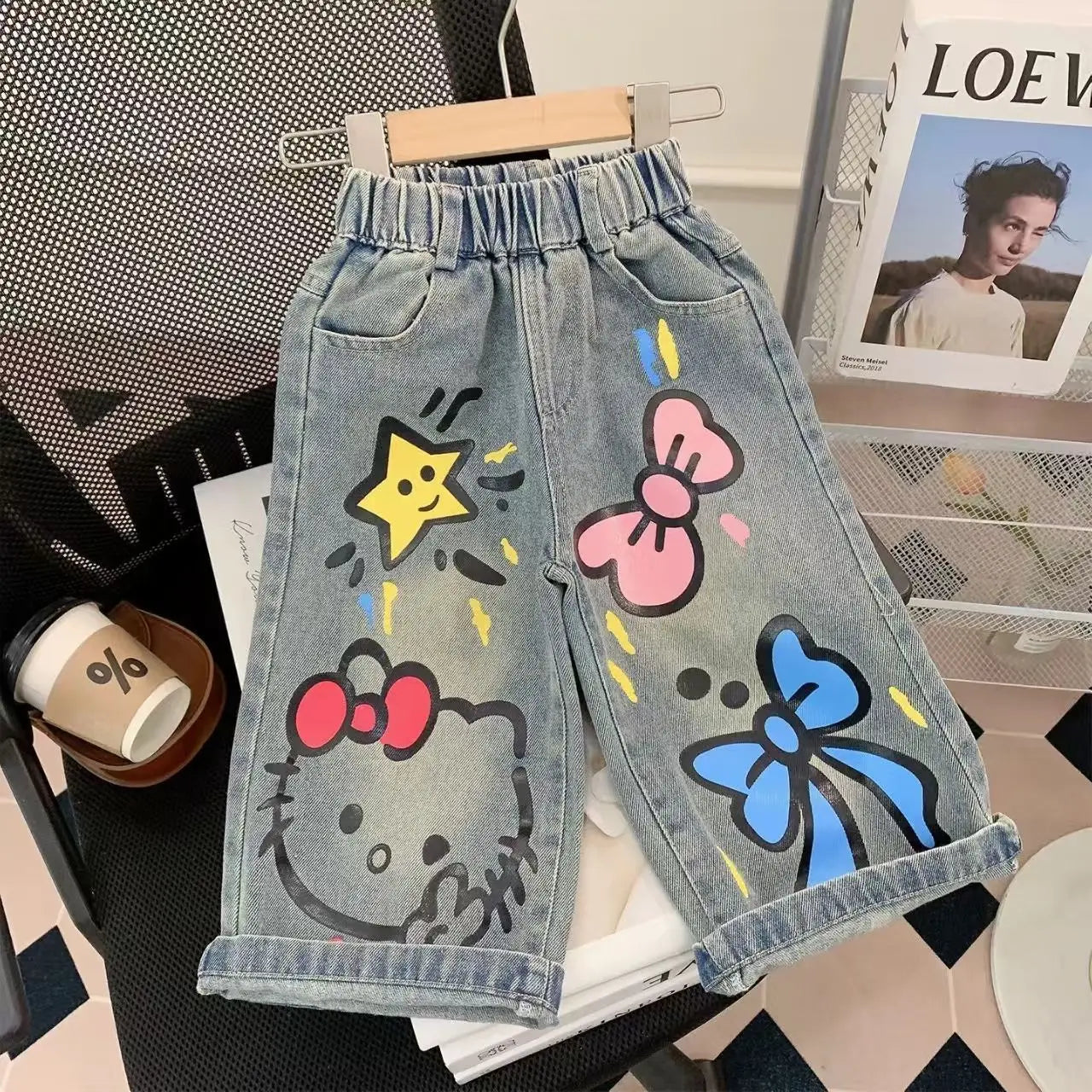 2026 Sanrio Hello Kitty Jeans Children Street Style New Loose Fit Trendy Cool Spring Autumn Fashion Long Denim Pants Casual Wear