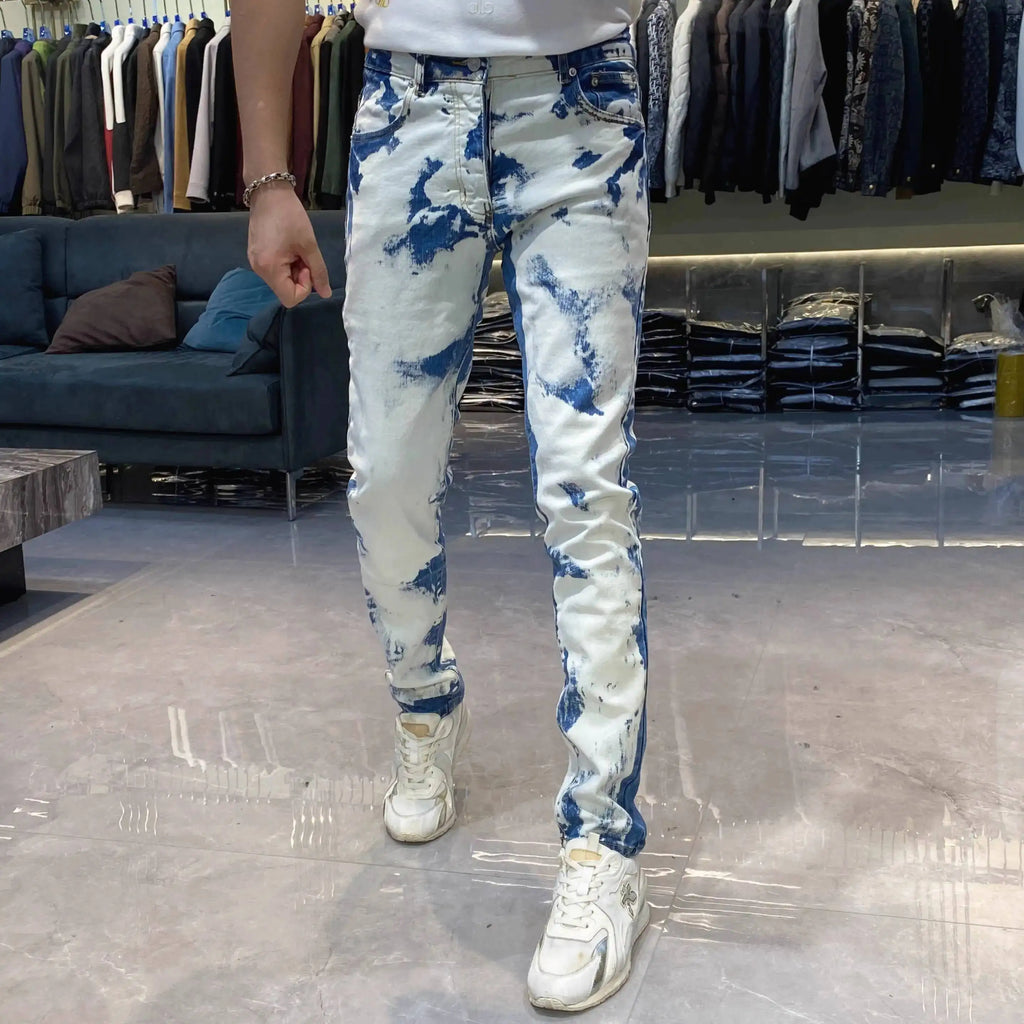 Color Contrast Jeans Male Ripped Jeans For Men Streetwear Personality Flocking Self-cultivation Pant Jeans Homme Skinny Jean Men