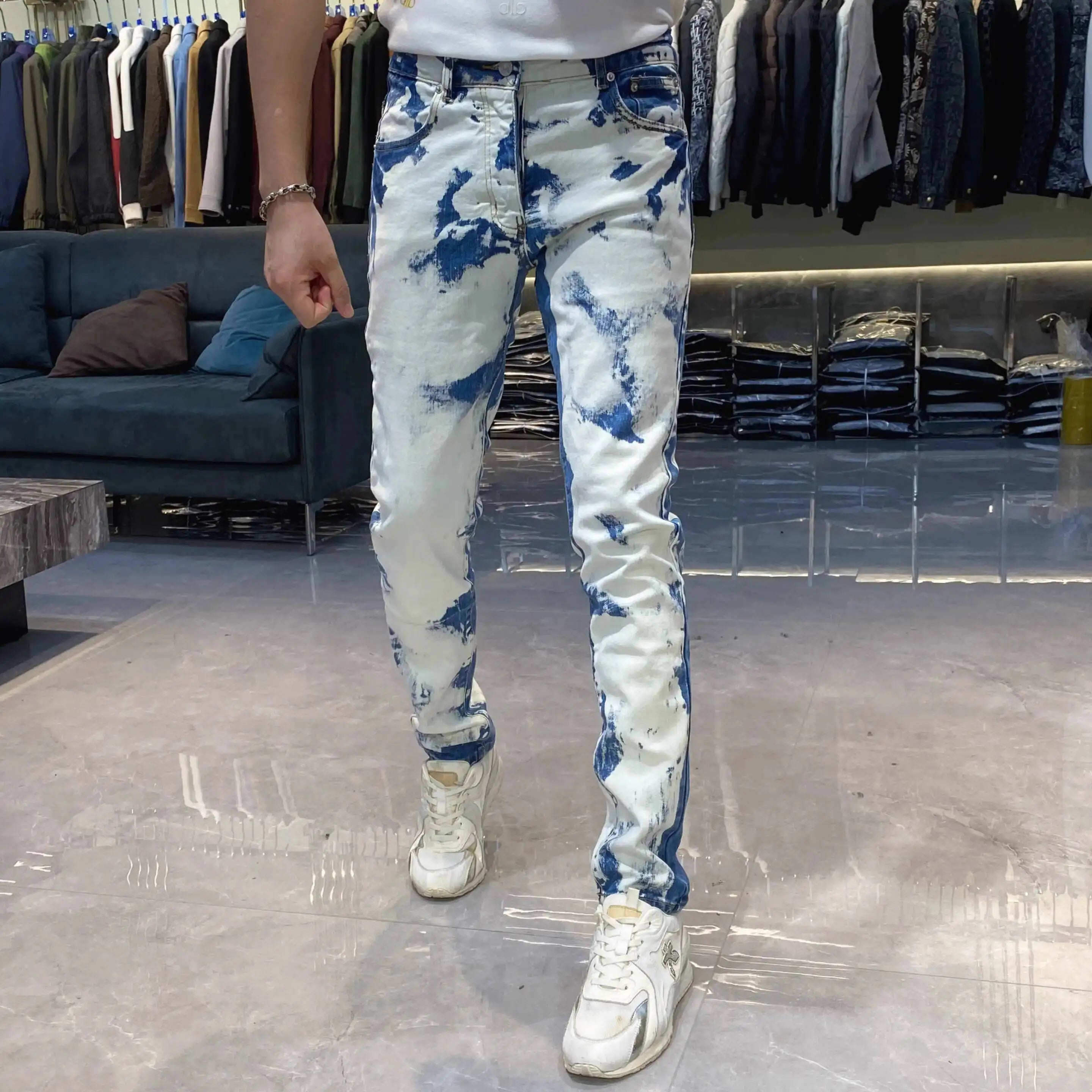 Color Contrast Jeans Male Ripped Jeans For Men Streetwear Personality Flocking Self-cultivation Pant Jeans Homme Skinny Jean Men