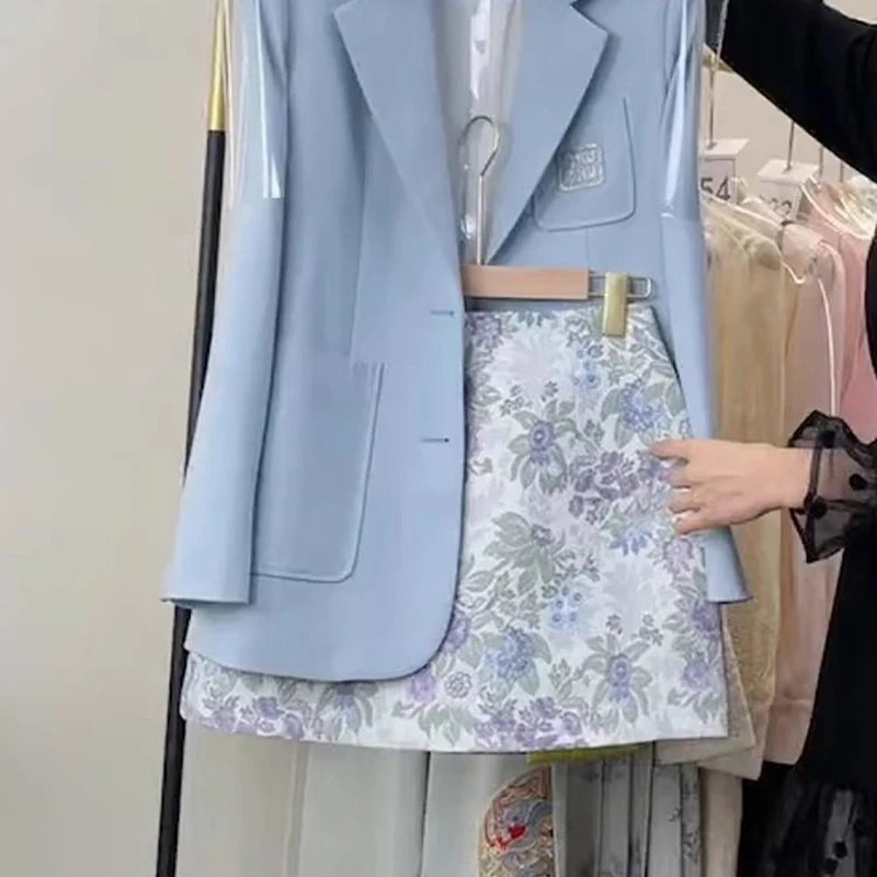skirt sets Suit vest skirt spring new beautiful Korean blue coat printed skirt suit female sfashion sense blue suit floral skirt