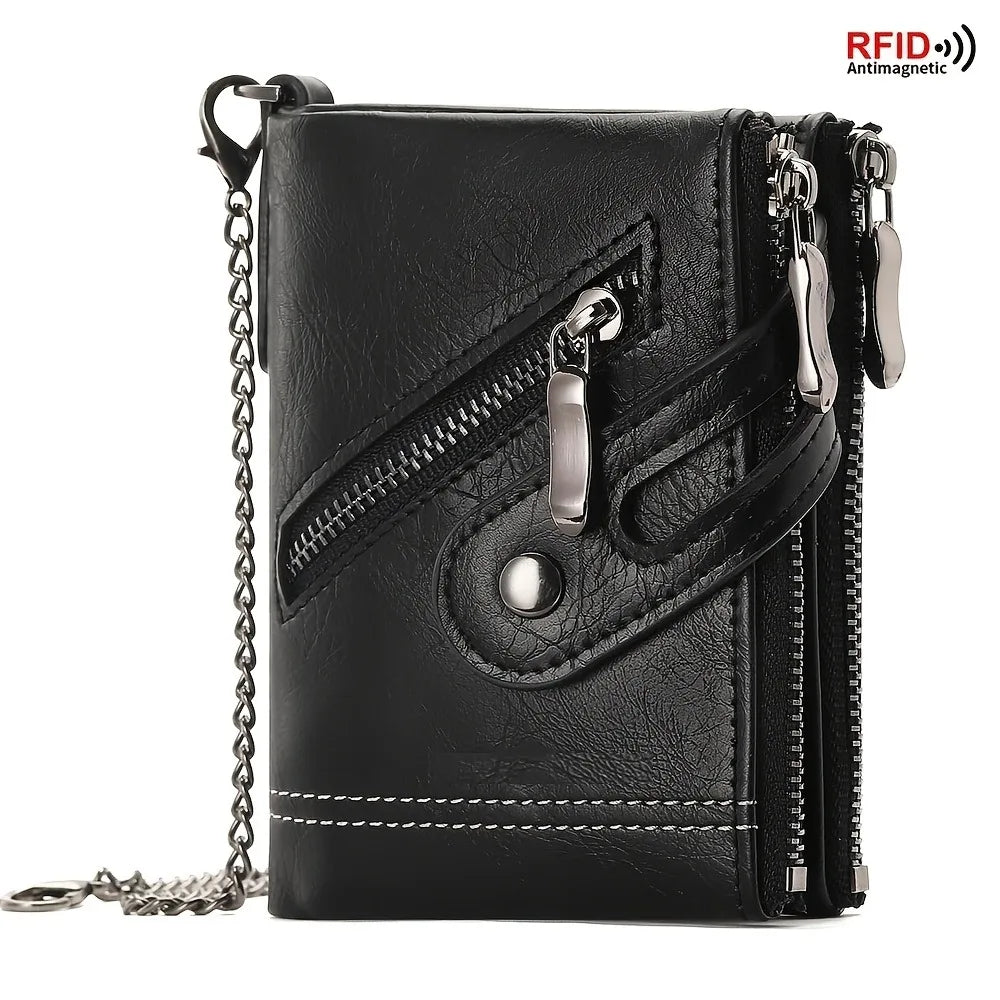 New Men's Chain Wallet RFID Anti-Theft Men's PU Leather Wallet Double Zipper Coin Purse Credit Card Holder for Men and Women