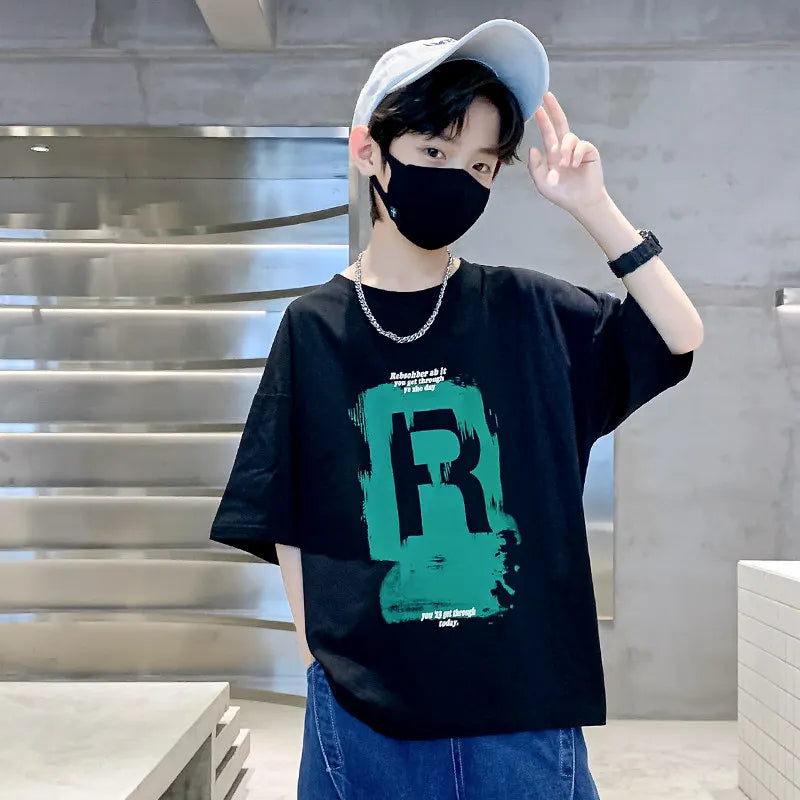 New Kids Boy Casual Tshirts Tops Novelty Printed Summer Children's T-shirt Short Sleeve Clothes Teenager Khaki Black Cotton Tees