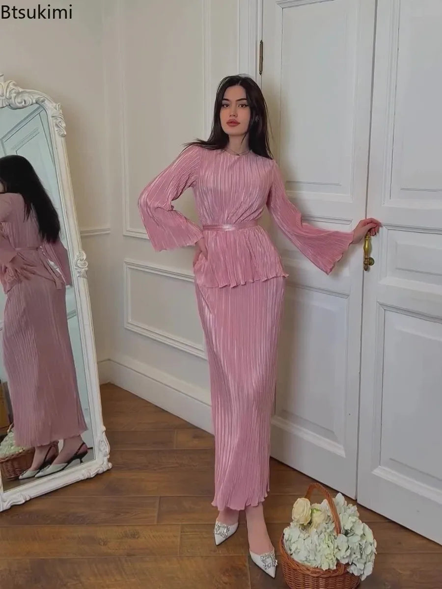 Summer New Women's Elegant 2-piece Sets Solid O-neck Long Sleeve Lace-up Tops and High Waist Half Skirt Sets Women Matching Sets
