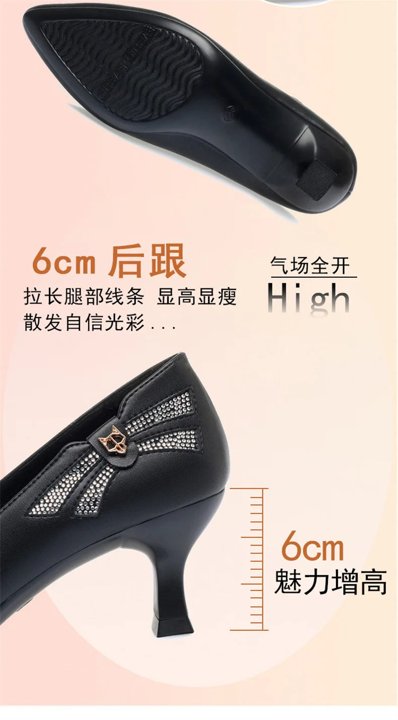 Genuine Leather Women's Shoes 2023 Spring New Single Leather Shoes Work Shoes Mid-high Heel All-match Ladies Women's Shoes