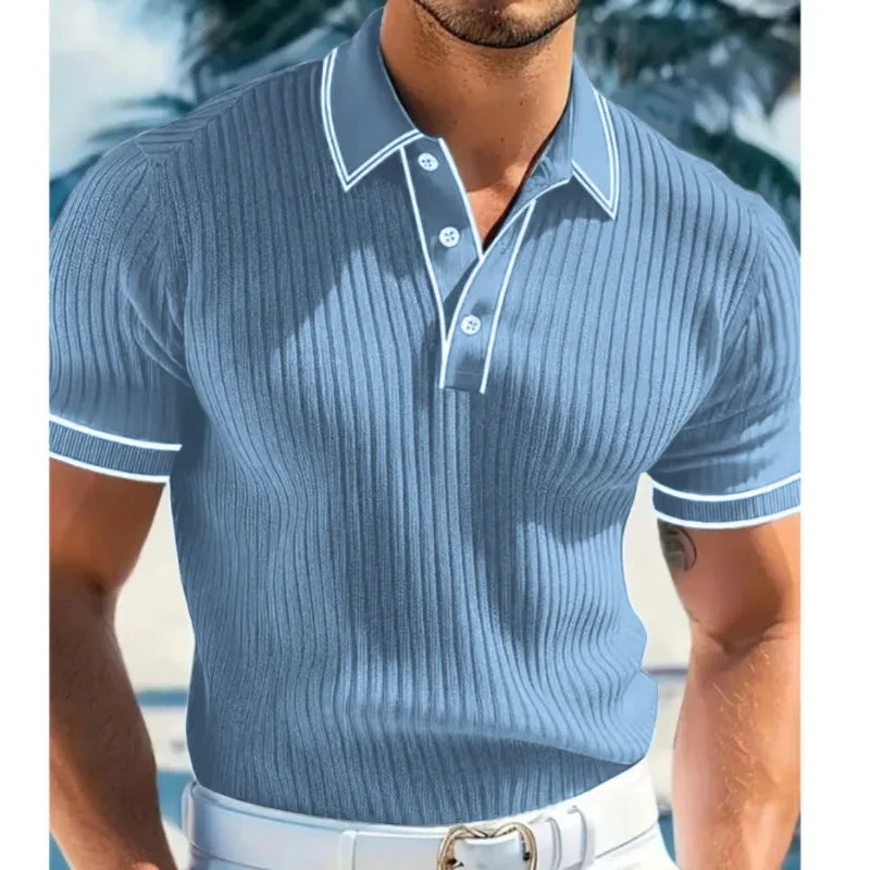 Men Ribbed Knit Polo Shirt Short Sleeve Turn Down Collar Contrast Trim Button Placket Slim Fit Casual Top