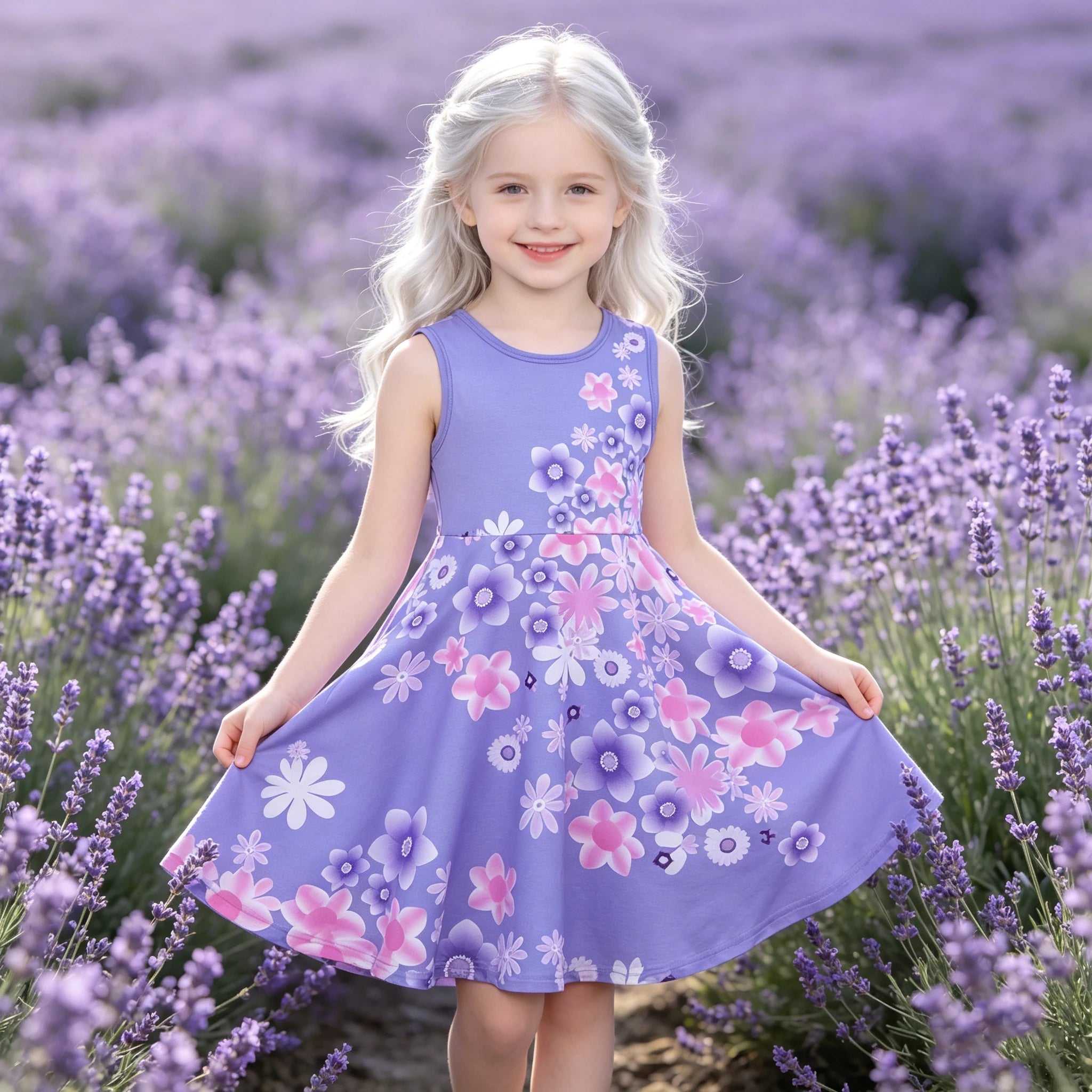 Summer Girls Dresses Cute Flower Print Round Neck Casual Dresses Carnival Party Girls Casual Dresses Princess Outfits