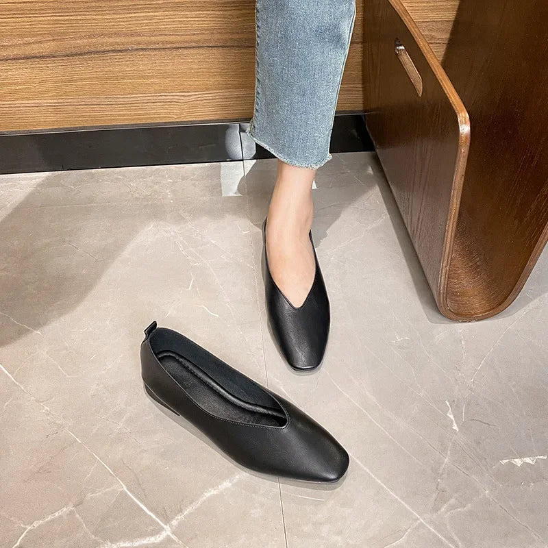 Genuine Leather Multi-color Low-heeled women's Shoes  Round Toe Flat Bottom Shallow Cut Single Shoe Casual Versatile Loafers