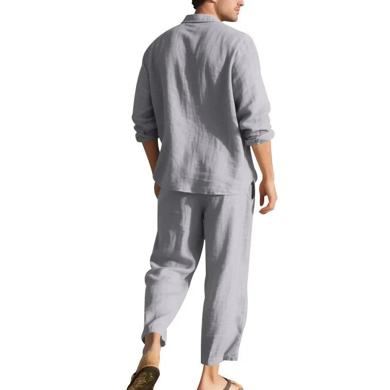 KIDWHXR Man 2-piece Outfit Spring Single-breasted Long Sleeve Shirts Male Drawstring Trousers Men Thin Cotton Linen Casual Set
