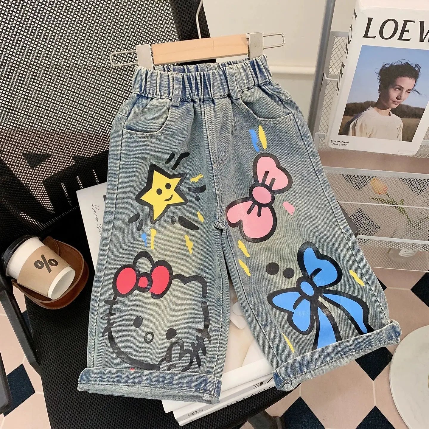 2026 Sanrio Hello Kitty Jeans Children Street Style New Loose Fit Trendy Cool Spring Autumn Fashion Long Denim Pants Casual Wear