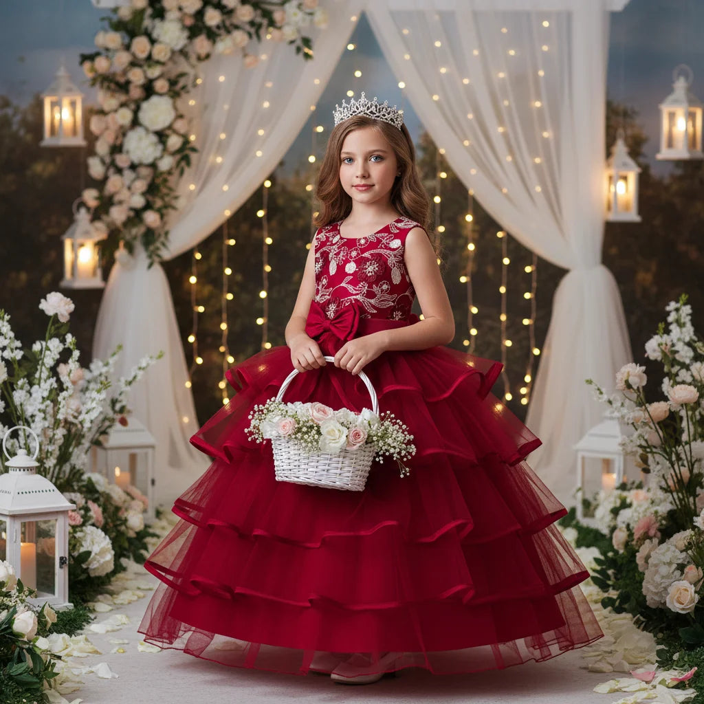 Girls Princess Dress Sleeveless Lace Embroidery Tiered Tulle Bow Formal Evening Gown for Wedding Birthday Party Christmas