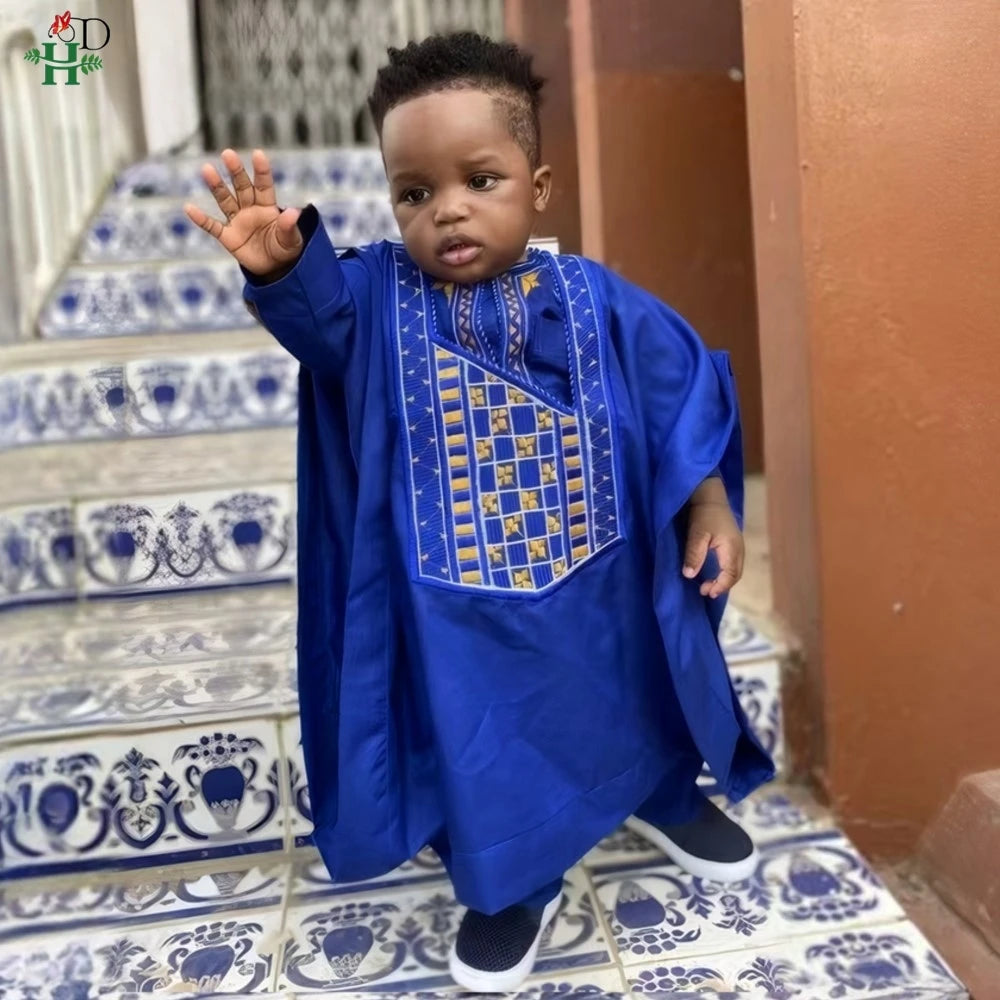 2025 New African Traditional Clothes For Kids Boy White Blue 3 PCS Set Long Sleeve Tops Embroidery Dashiki Robe Shirt Pant Child