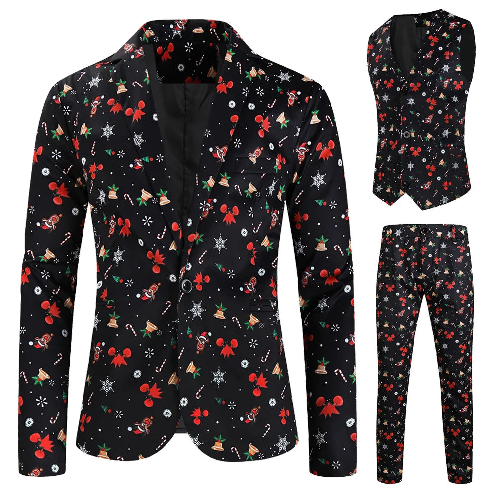 New Men's 3 Piece Christmas Sets Blazers+Vest+Pants 2026 Xmas Printed Men Suit Set Party Stage Dress Up Style Costume Streetwear