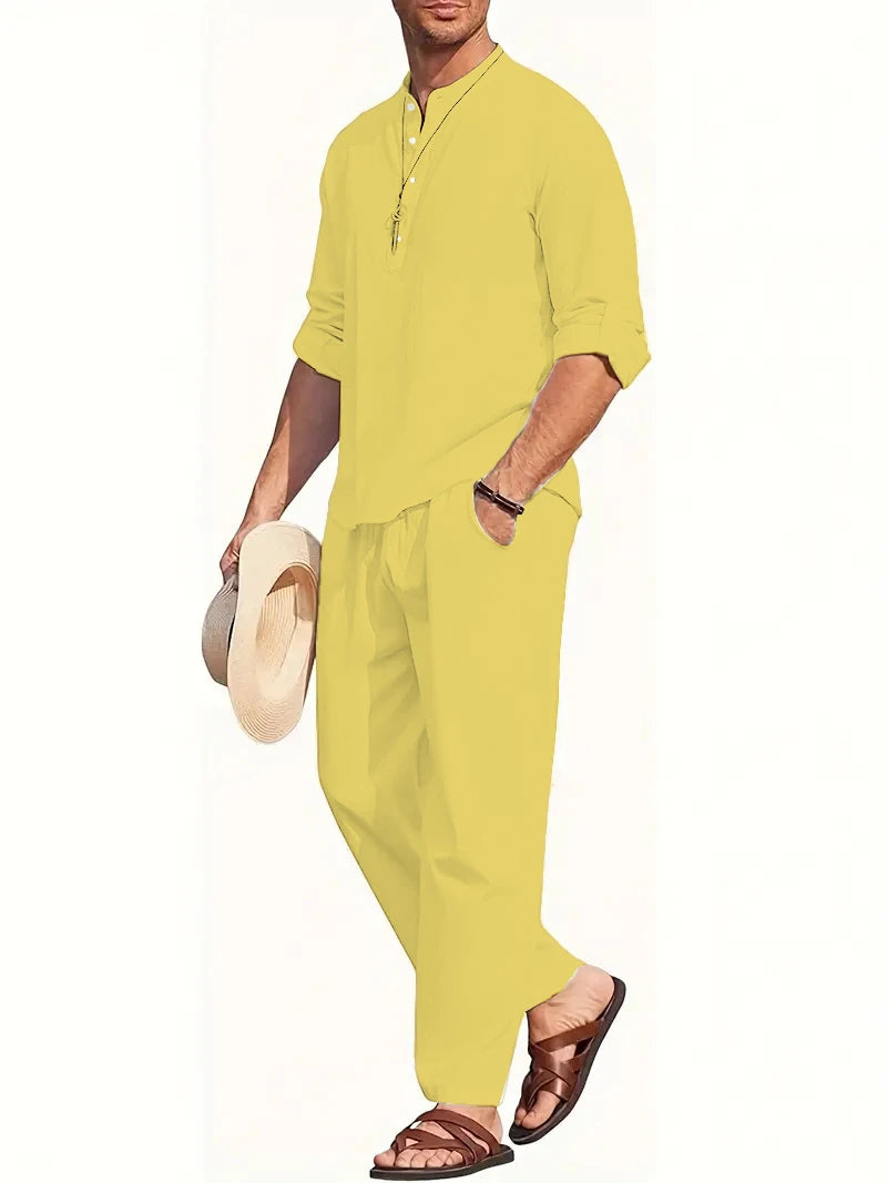 Men's White Linen Suit Set Long Sleeve Henley Shirt and Elastic Waist Pants Two Piece Outfit Summer Casual Comfortable