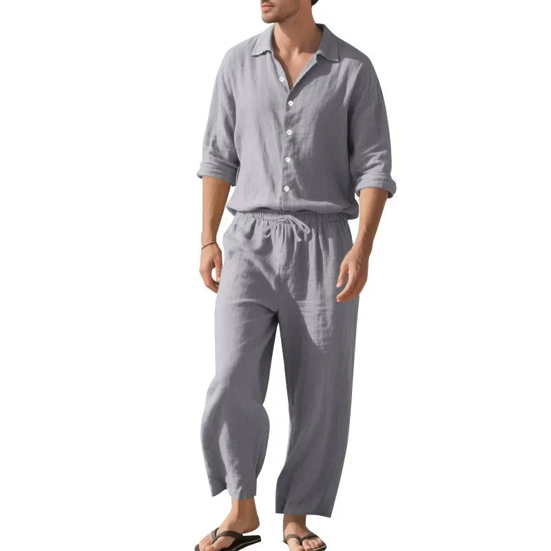 KIDWHXR Man 2-piece Outfit Spring Single-breasted Long Sleeve Shirts Male Drawstring Trousers Men Thin Cotton Linen Casual Set