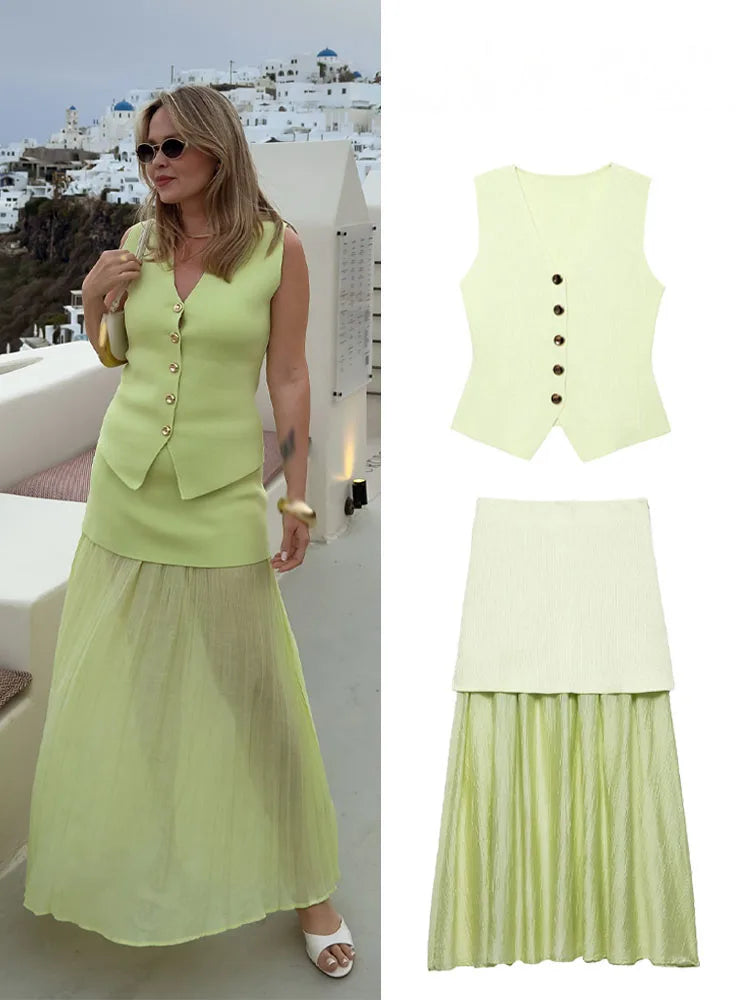 HH Women 2 Piece Set Fashion Button Sleeveless V-Neck Knitted Vest Top+Chic Splicing High Waist Zipper Ankle-Length Skirt