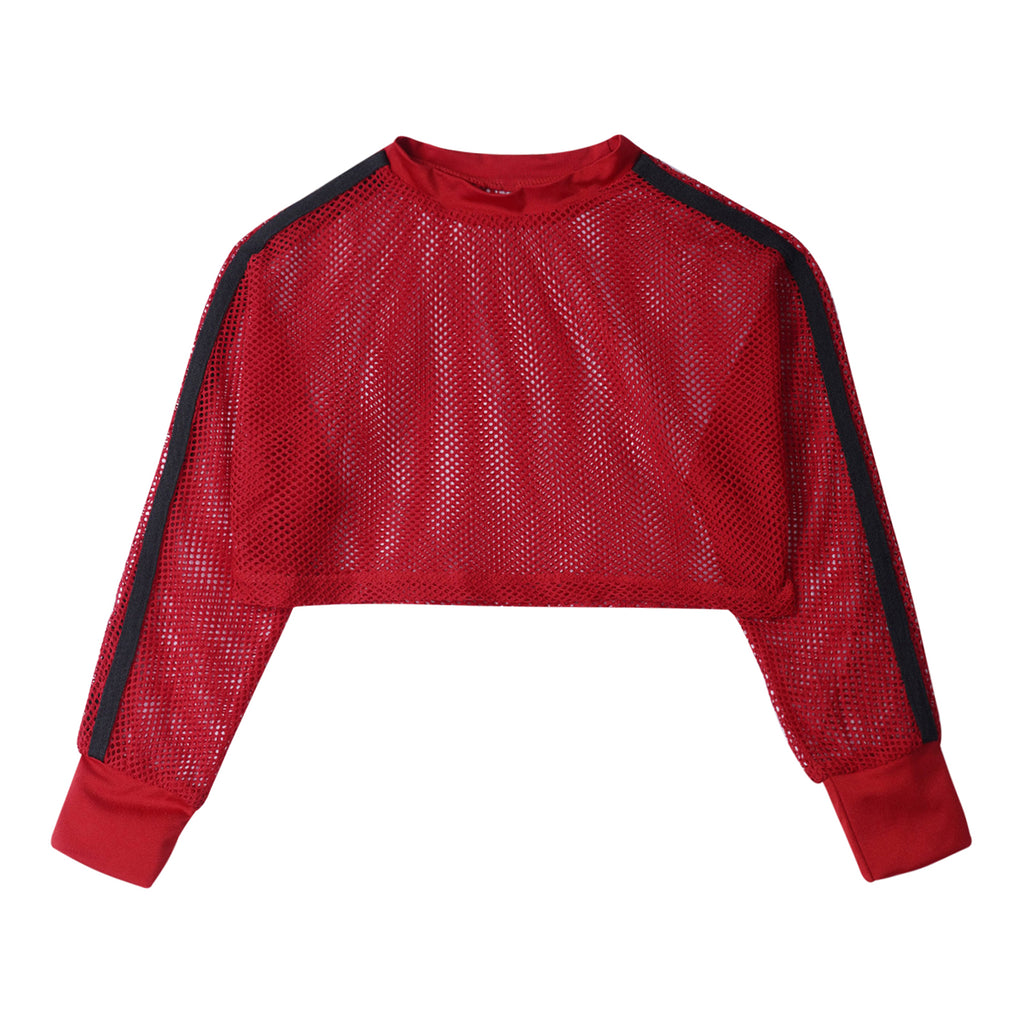 Kids Girls Fishnet T-shirt Hip Hop Street Dance Tops Long Sleeve Round Neck Hollow Out Mesh Crop Top for Workout Gym Sportswear