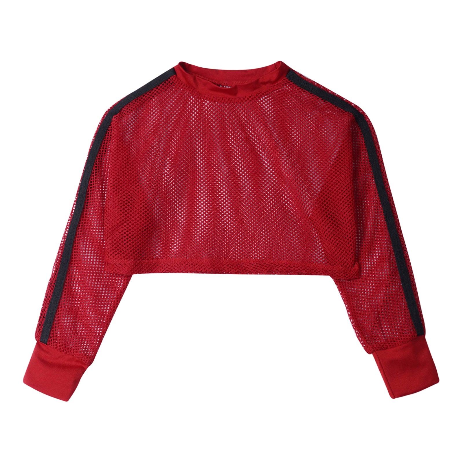 Kids Girls Fishnet T-shirt Hip Hop Street Dance Tops Long Sleeve Round Neck Hollow Out Mesh Crop Top for Workout Gym Sportswear
