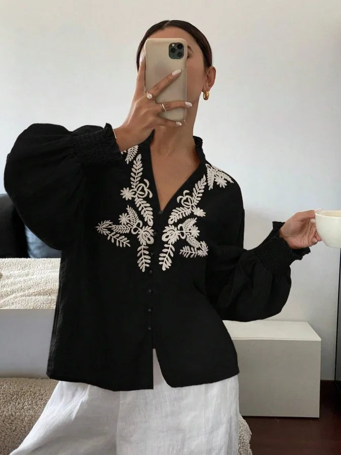 Women Autumn Single Breasted V-neck Blouses and Shirts Ladies Casual Embroidery Long Sleeve Shirt Tops