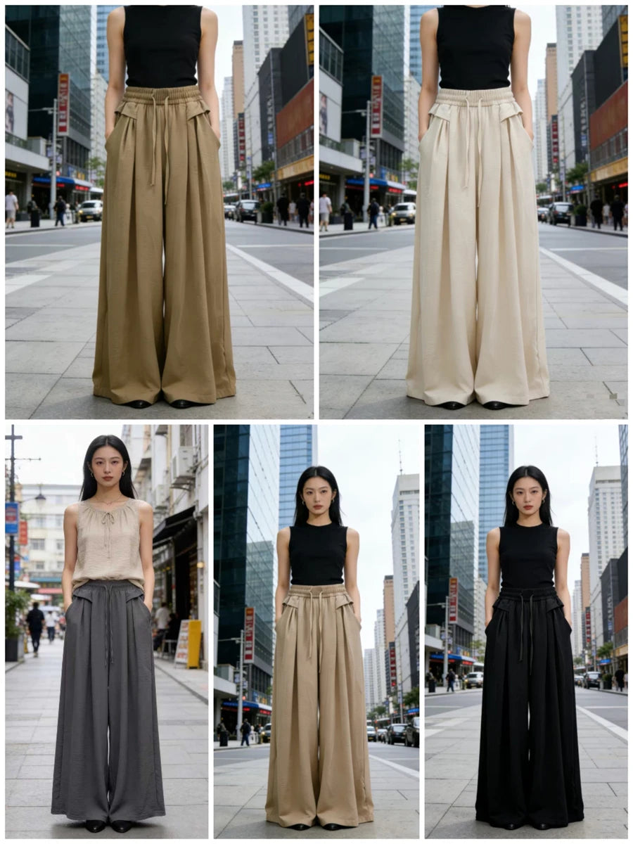 Women's Trousers New Fashion Solid Color High Waist Lace Up Thin Women's Wide Leg Pants Simple Drape Loose Casual Female Pants