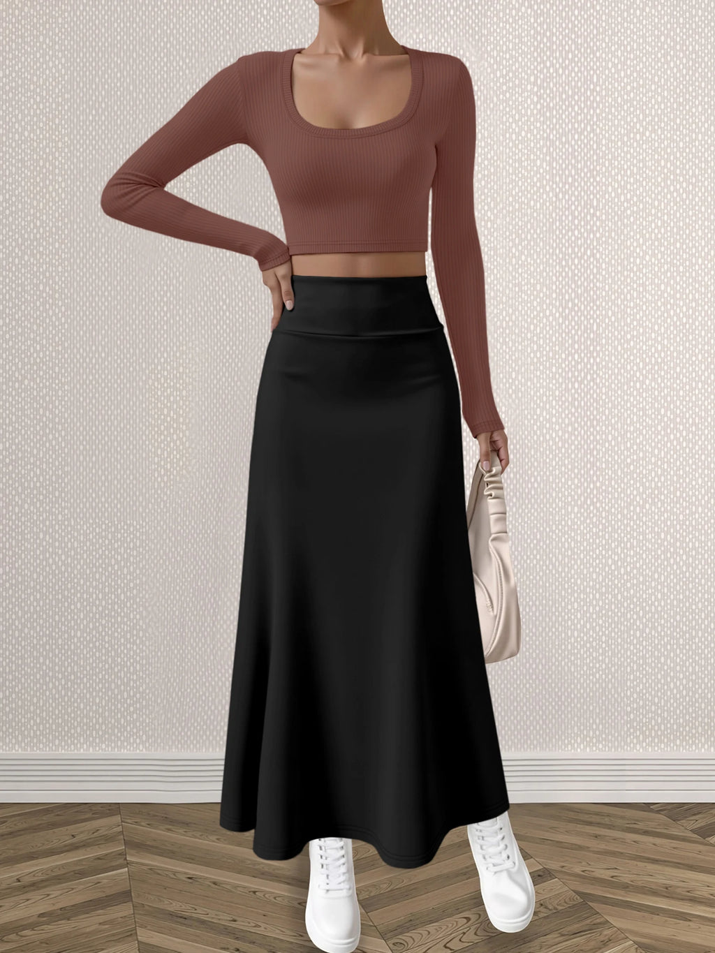 Mature Style Women 2Pcs Outfit, Ribbed Square Neck Crop Top + High Waist Draped A-Line Maxi Skirt