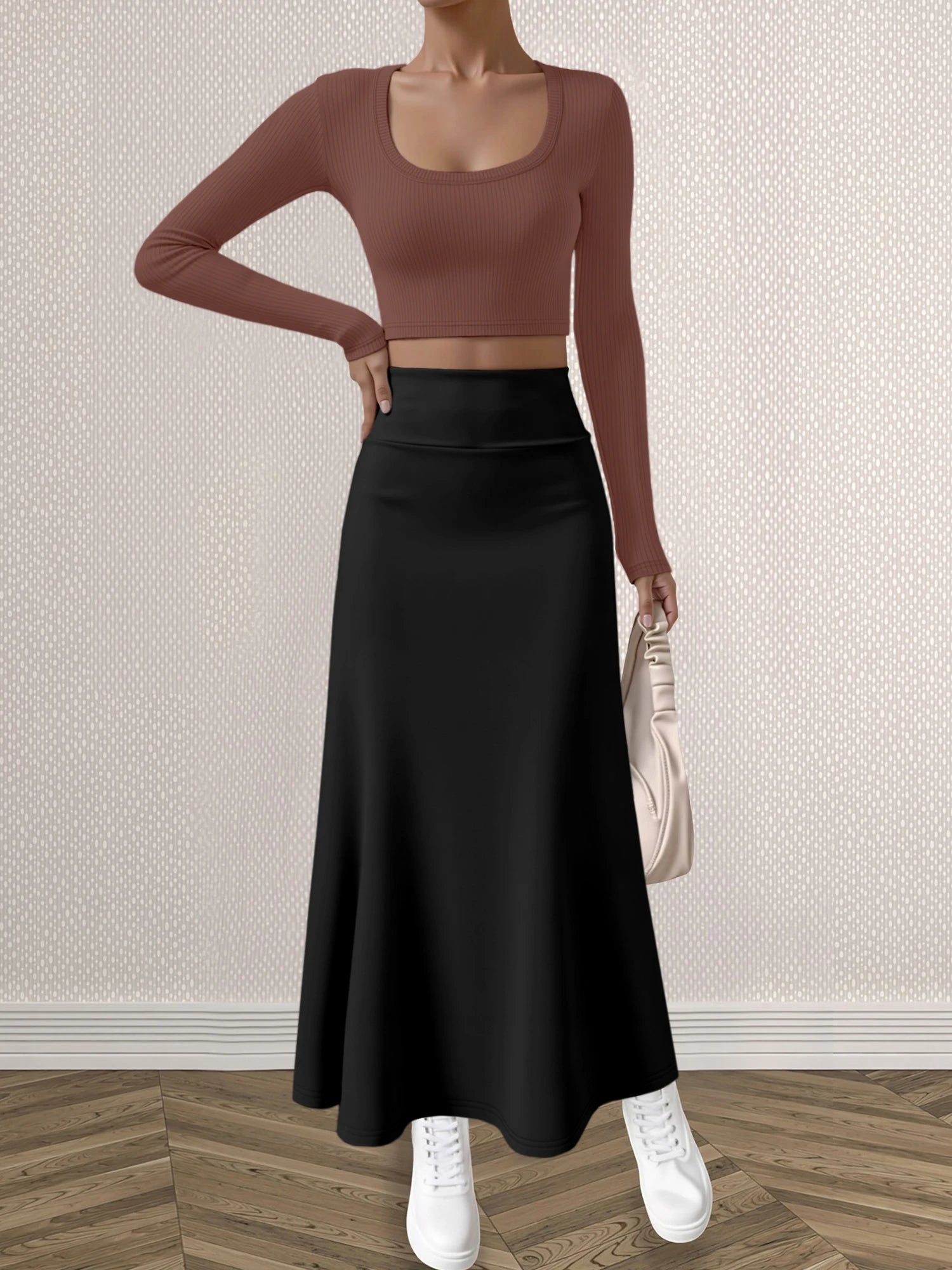 Mature Style Women 2Pcs Outfit, Ribbed Square Neck Crop Top + High Waist Draped A-Line Maxi Skirt