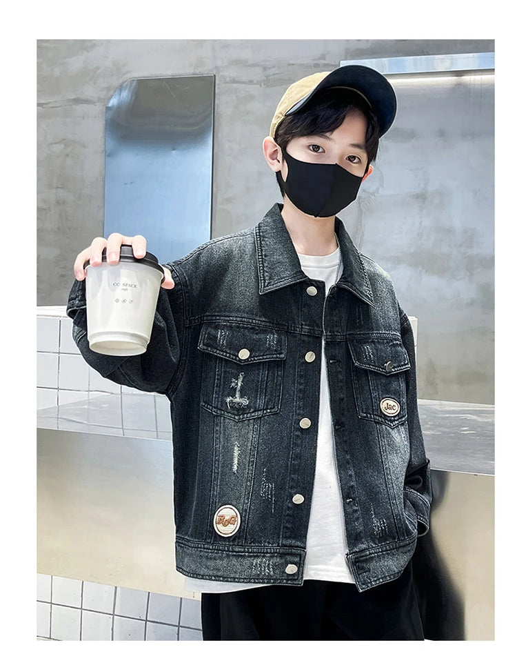 Kids Luxury Clothing Black Blue Denim Jacket for Teenage Boy Spring Autumn Ripped Denim Jacket Coat Child Casual Outfit Age 5-14