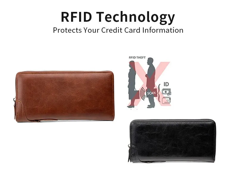 Men's Long Zipper Wallet High Quality Pu Leather Wallet For Men RFID Blocking Business Clutch Bag Credit Card Holder Purse Man