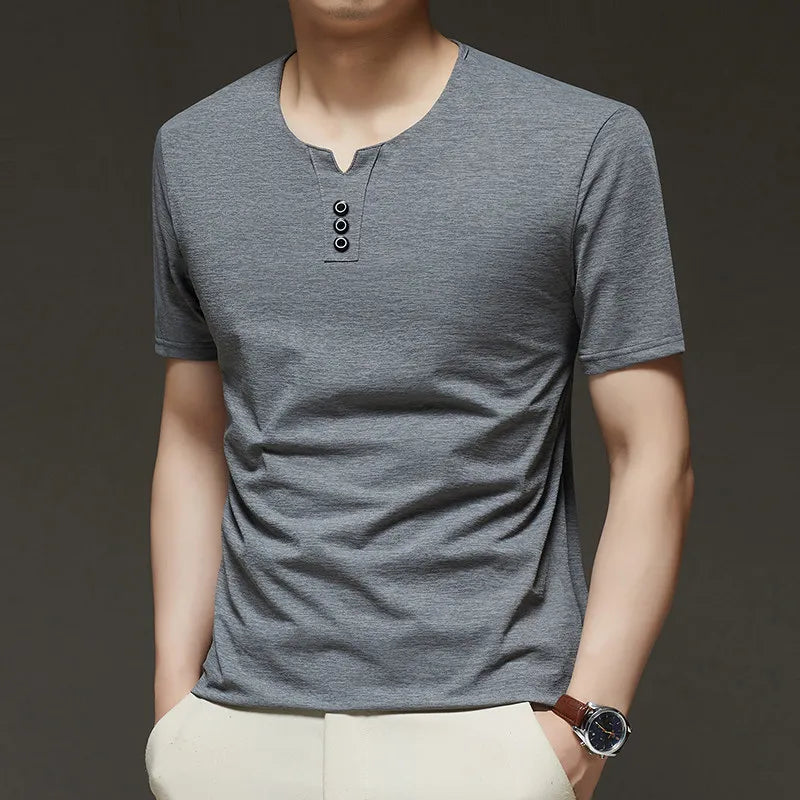 Three Button V-neck T-shirt Men 2026 New Men's Business Casual Short Sleeve Tshirt Korean Style Summer Comfortable Versatile Top