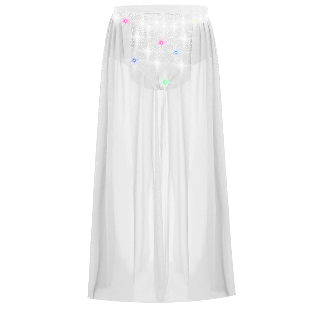 Kids Girls Lyrical Modern Dance Skirt Shiny Rhinestones Open Front Flowy Sheer Mesh Skirt with Built-in Briefs Ballet Dresses