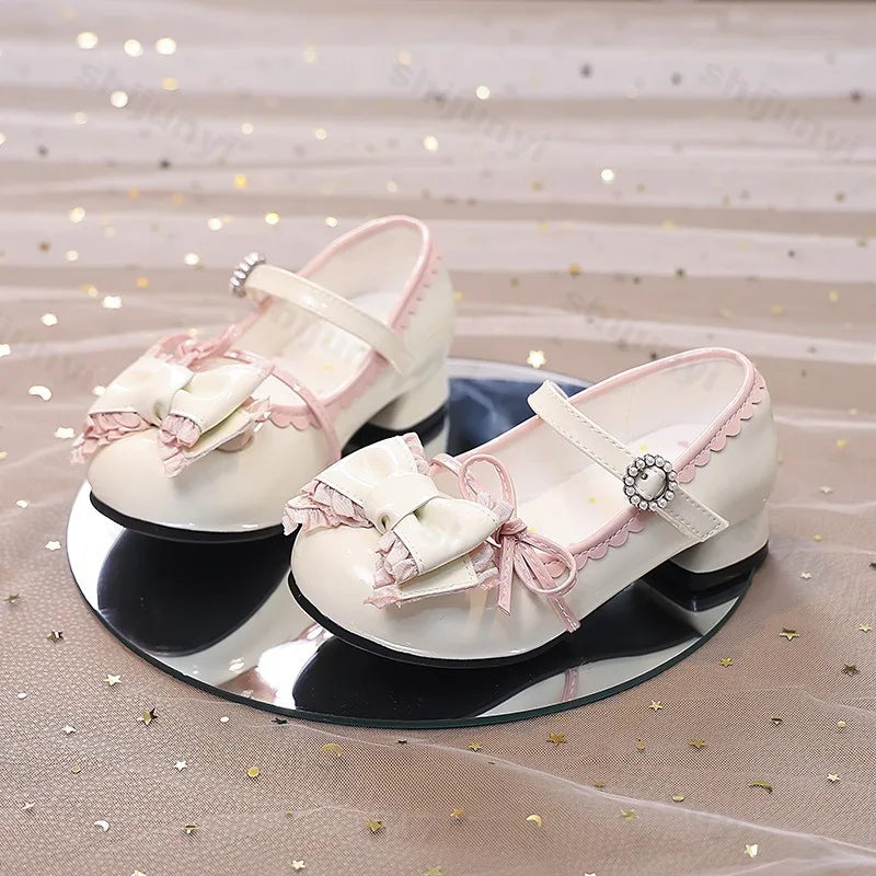 Girl Princess Shoes Spring 2026 New Bow French Heels Leather Shoe Sweet Lolita Party Dress Shoes Children's Mary Jane Size 26-36