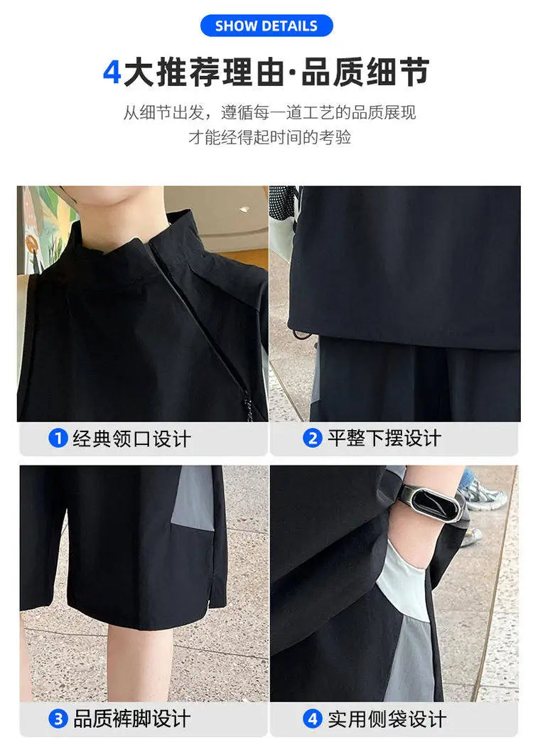 【T-Shirt + 5-Point Shorts】Men's T-Shirt Set Summer Fashion Nylon Blend Diagonal Neck Streetwear Sports Leisure Two-Piece Suit