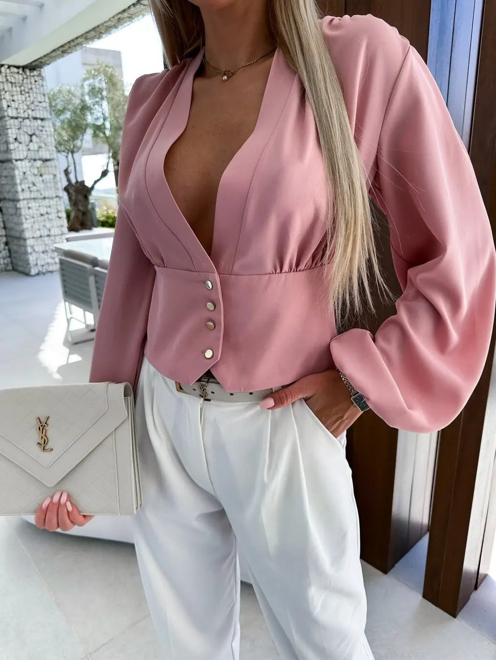 Women V Neck Puff Long Sleeve Blouse Cinched Waist Button Down Cropped Top