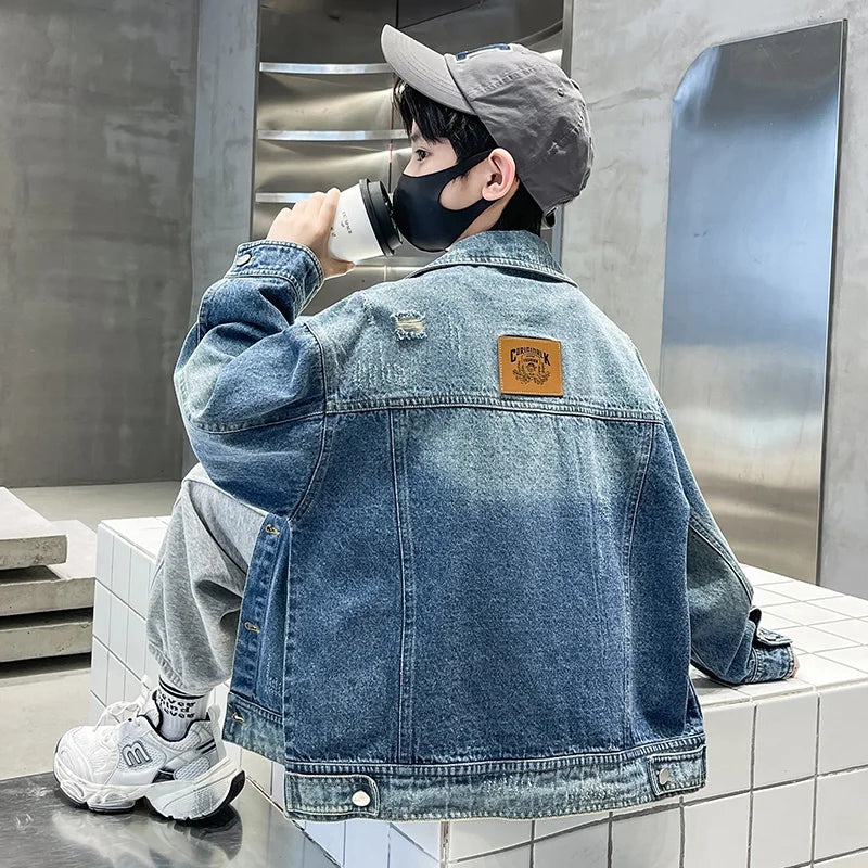 Kids Luxury Clothing Black Blue Denim Jacket for Teenage Boy Spring Autumn Ripped Denim Jacket Coat Child Casual Outfit Age 5-14