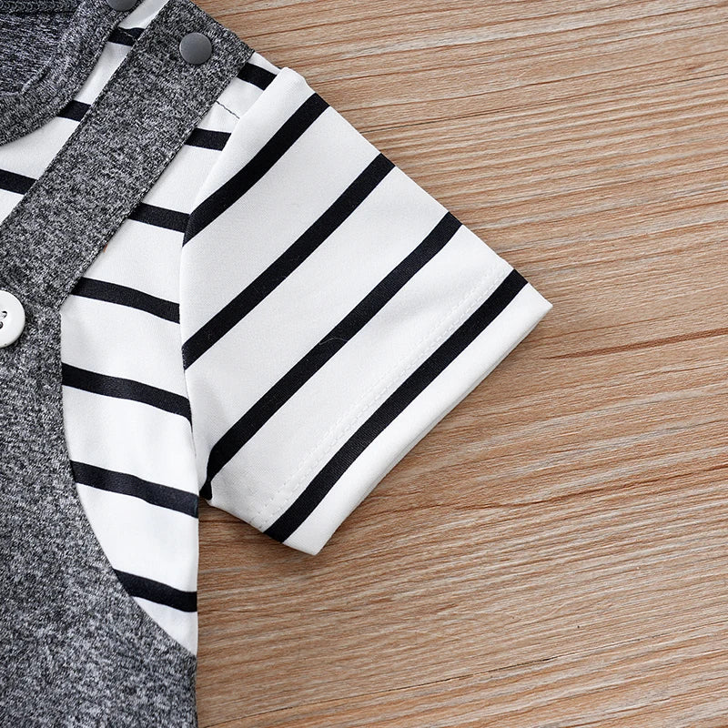 Summer short-sleeved 2-piece bear patterned striped round-neck romper for baby boys and girls in deep grey.