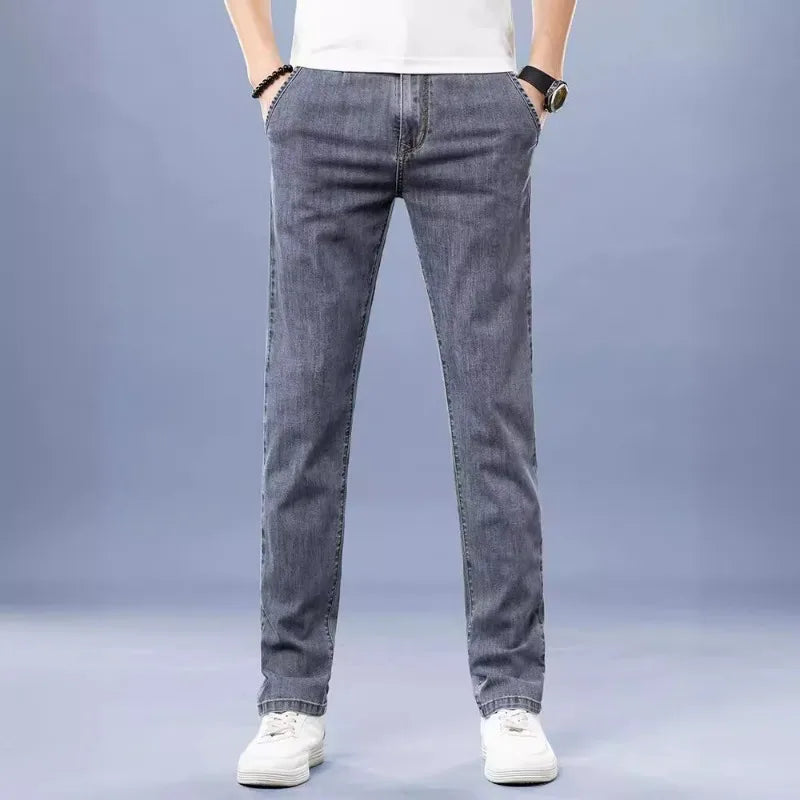 KIDWHXR Men Jean Trousers Slim Elastic Mid Waist Male Denim Pants Fashion Simple Casual Comfortable Man Straight-leg Pant