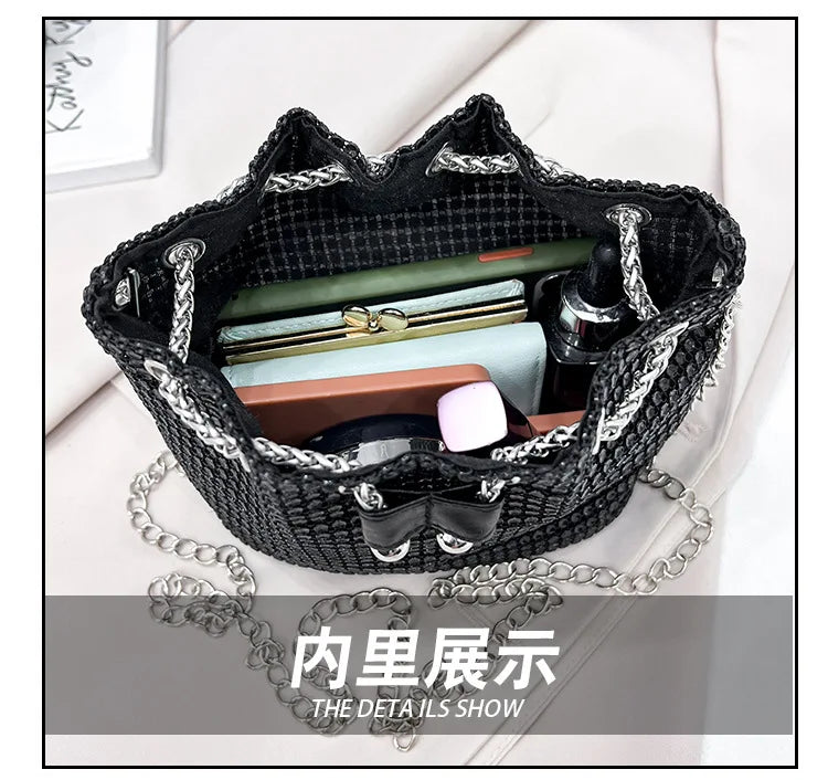 Women Luxury Shoulder Bag Solid Color Rhinestone Glittering Satchel Bag Drawstring Shinny Sling Purse Dinner Party Bag