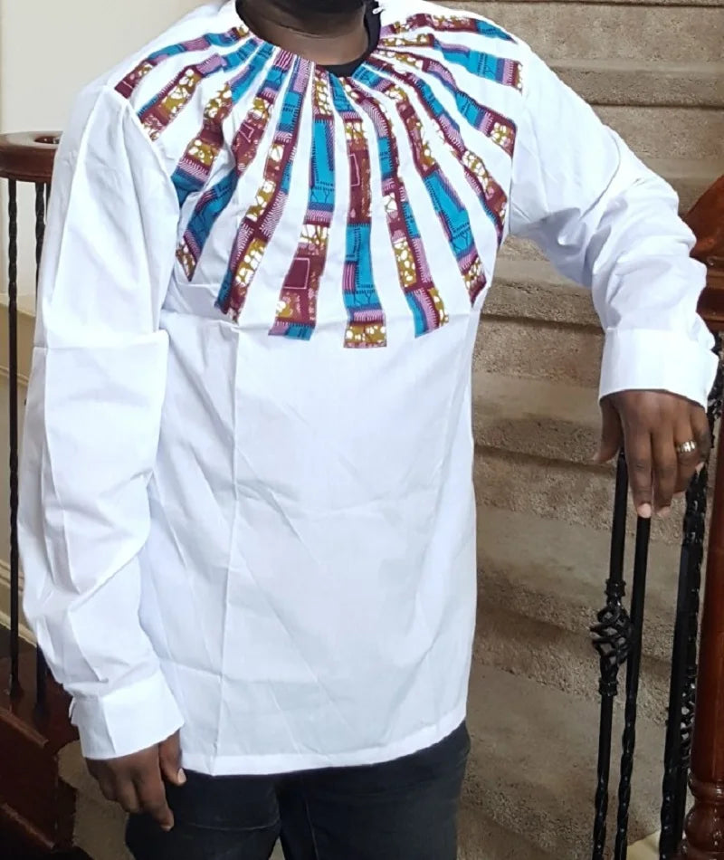 Nigerian Fashion White Men's Shirts O-Neck Modern Design Sector Patchwork Tops Customized African Wedding Party Wear